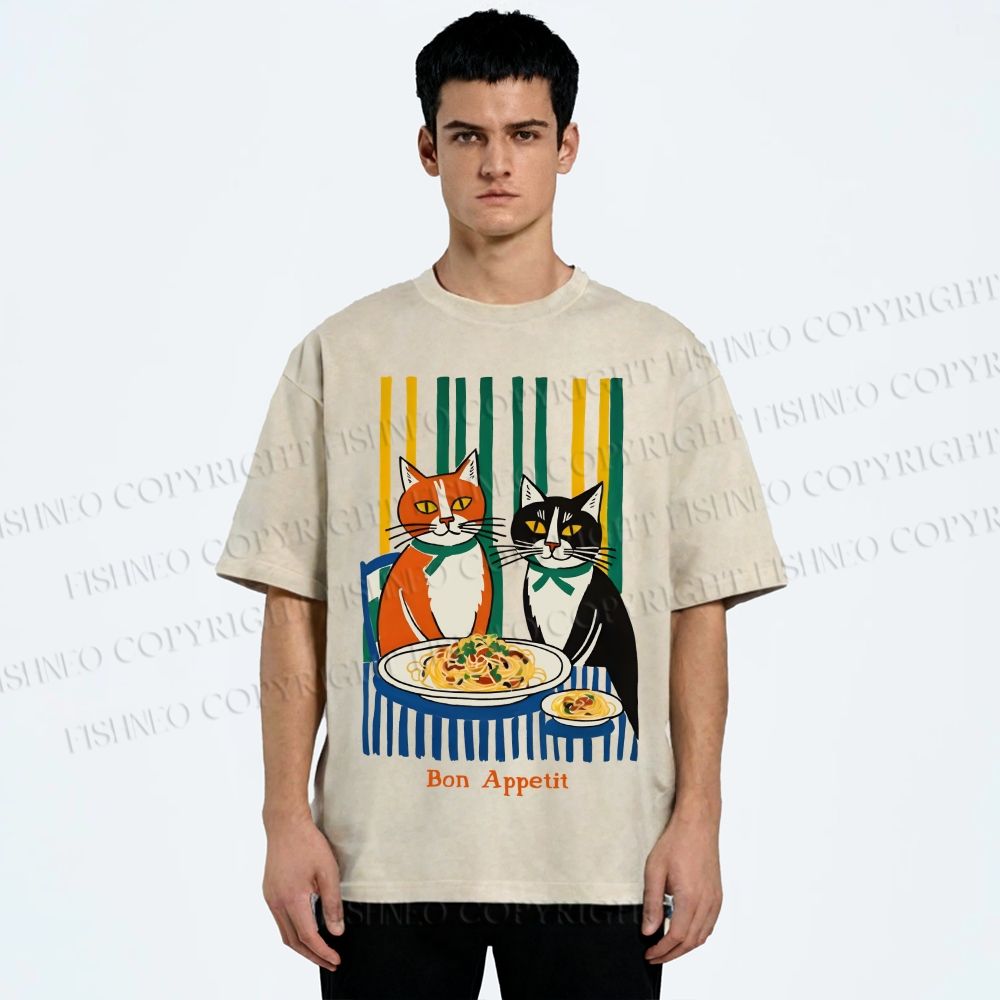 Unisex Bon appétit French Vintage Cat Having Brunch Printed Washed Tee
