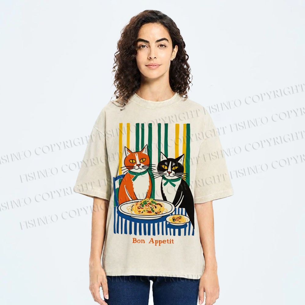 Unisex Bon appétit French Vintage Cat Having Brunch Printed Washed Tee