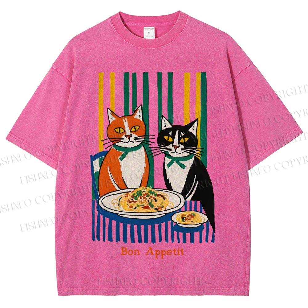 Unisex Bon appétit French Vintage Cat Having Brunch Printed Washed Tee