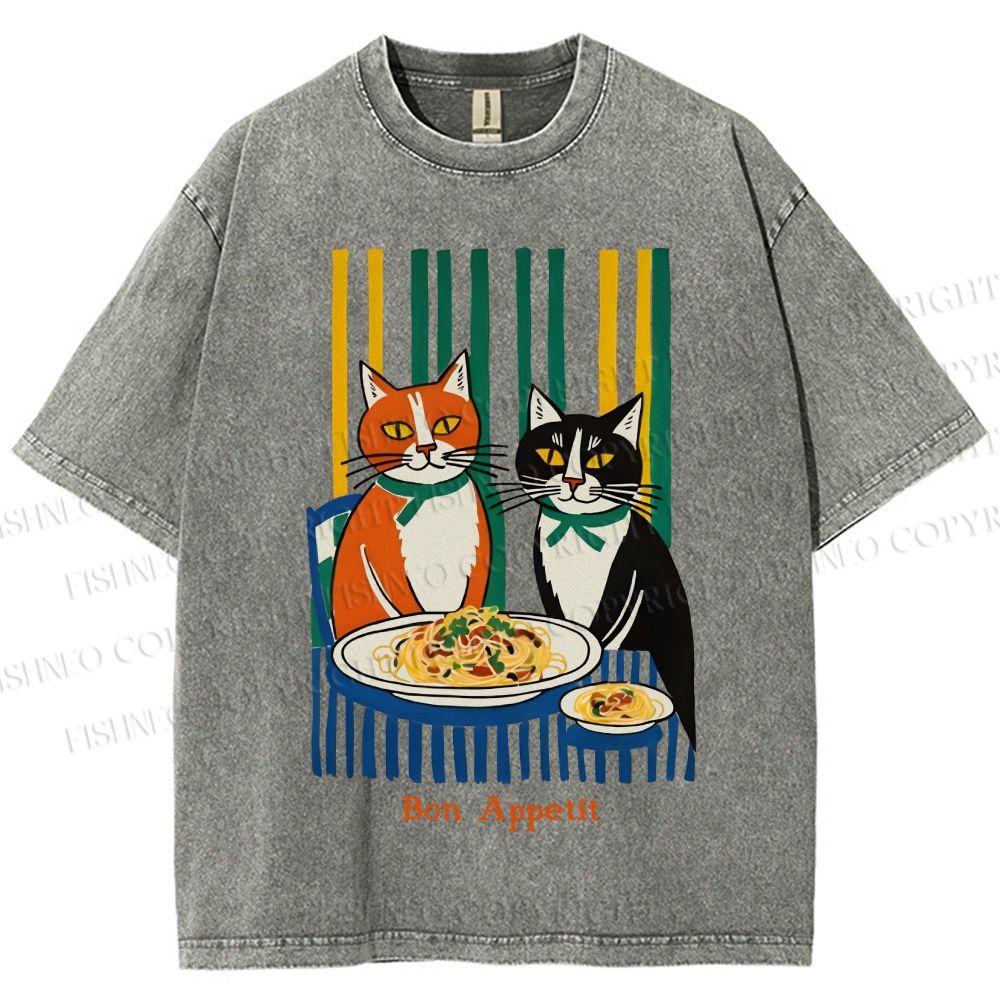 Unisex Bon appétit French Vintage Cat Having Brunch Printed Washed Tee