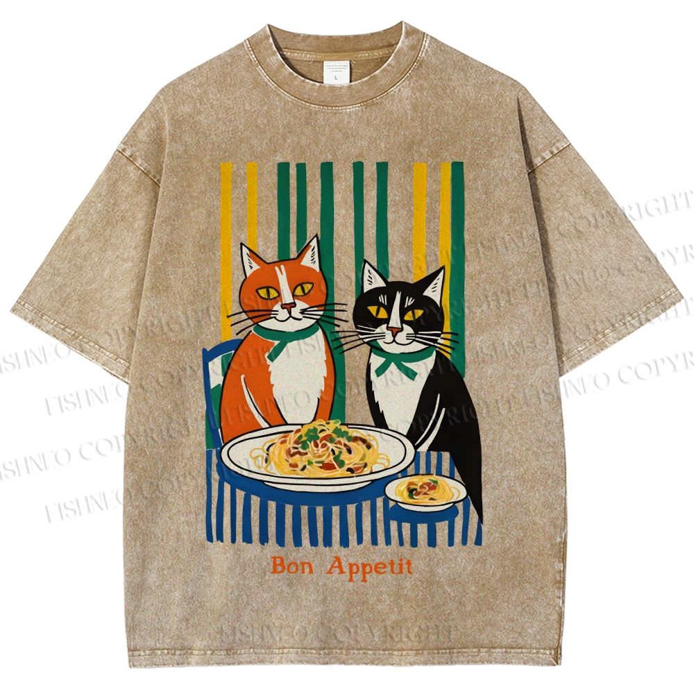 Unisex Bon appétit French Vintage Cat Having Brunch Printed Washed Tee