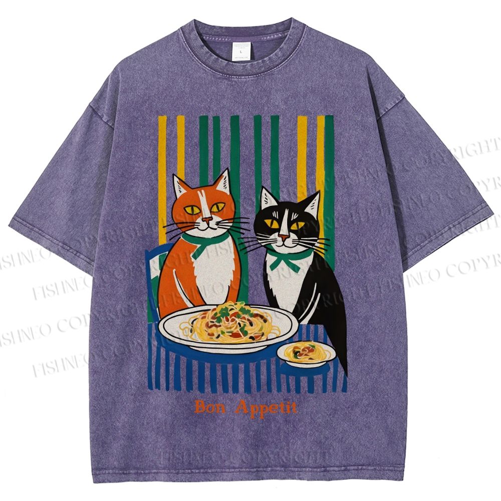 Unisex Bon appétit French Vintage Cat Having Brunch Printed Washed Tee