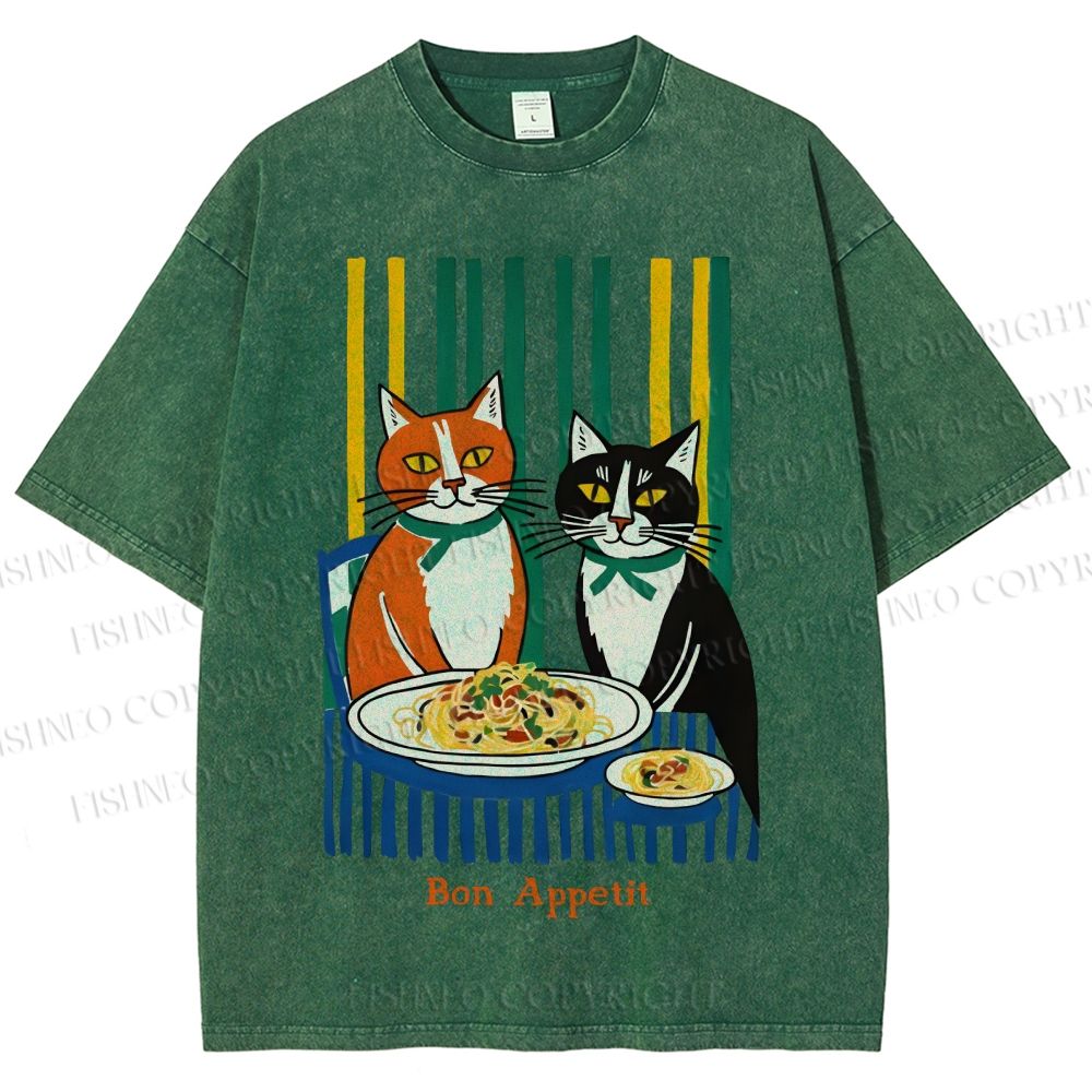 Unisex Bon appétit French Vintage Cat Having Brunch Printed Washed Tee