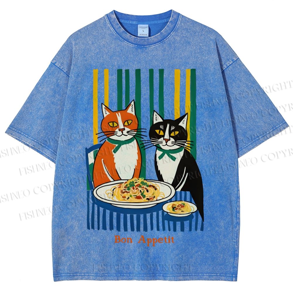 Unisex Bon appétit French Vintage Cat Having Brunch Printed Washed Tee