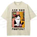 Unisex Silly Cat Are You Pooping Printed Washed Tee