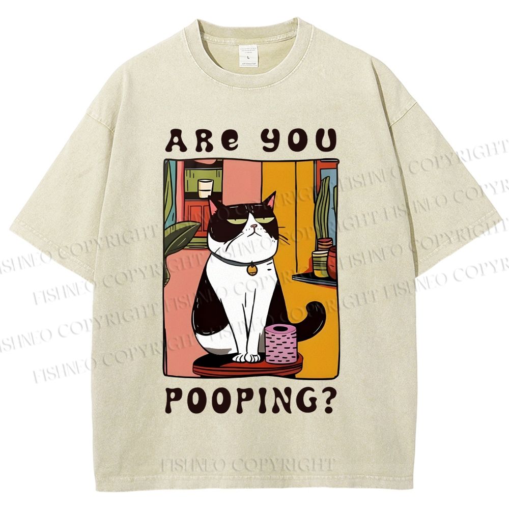 Unisex Silly Cat Are You Pooping Printed Washed Tee