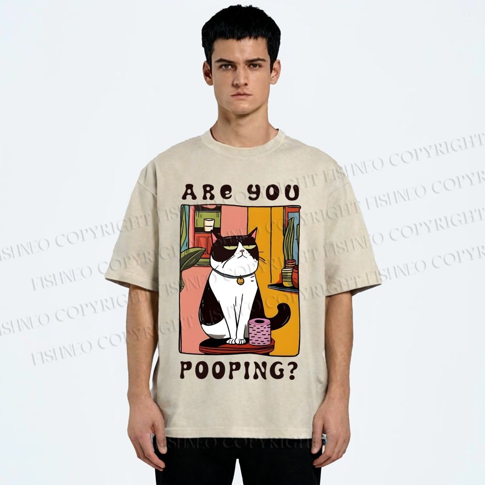 Unisex Silly Cat Are You Pooping Printed Washed Tee