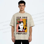 Unisex Silly Cat Are You Pooping Printed Washed Tee