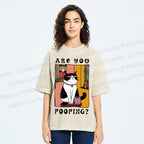 Unisex Silly Cat Are You Pooping Printed Washed Tee