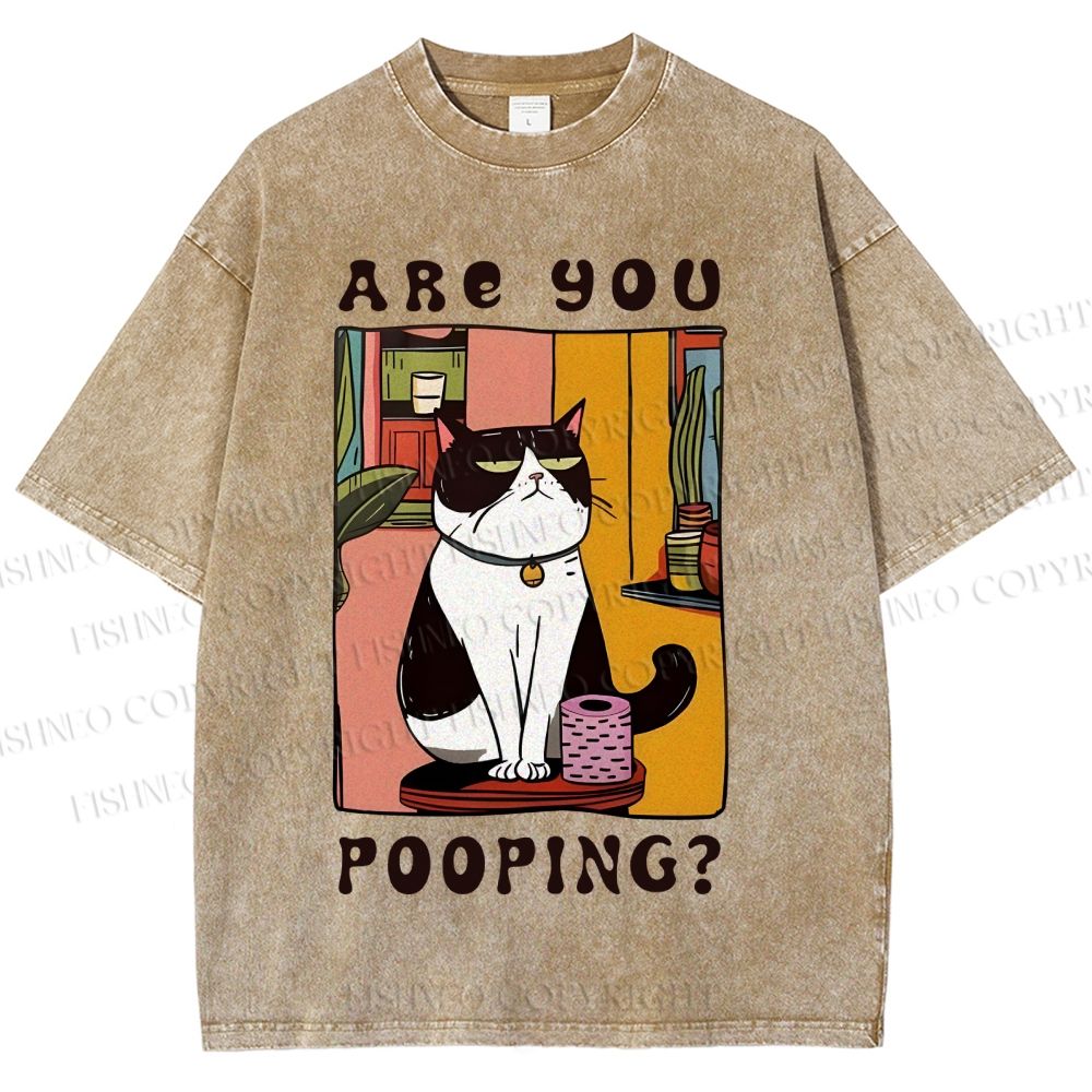 Unisex Silly Cat Are You Pooping Printed Washed Tee