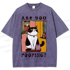 Unisex Silly Cat Are You Pooping Printed Washed Tee