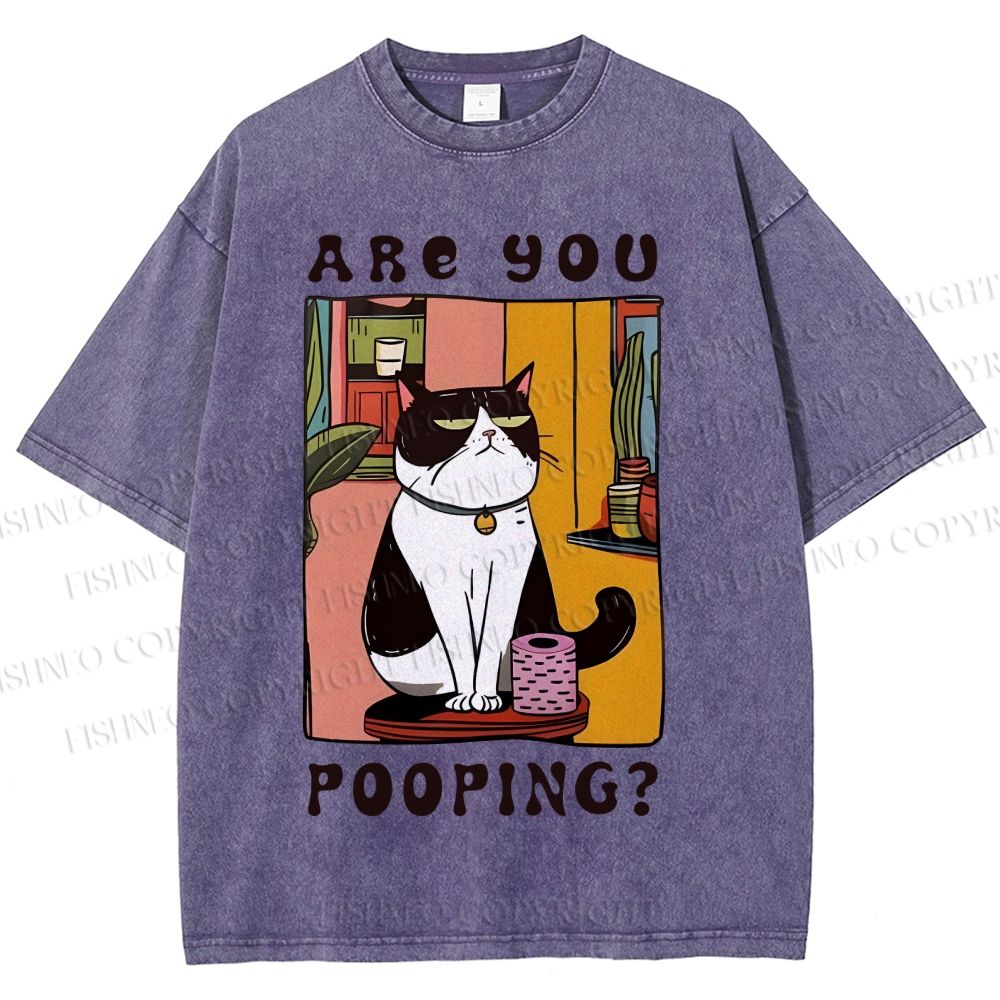 Unisex Silly Cat Are You Pooping Printed Washed Tee