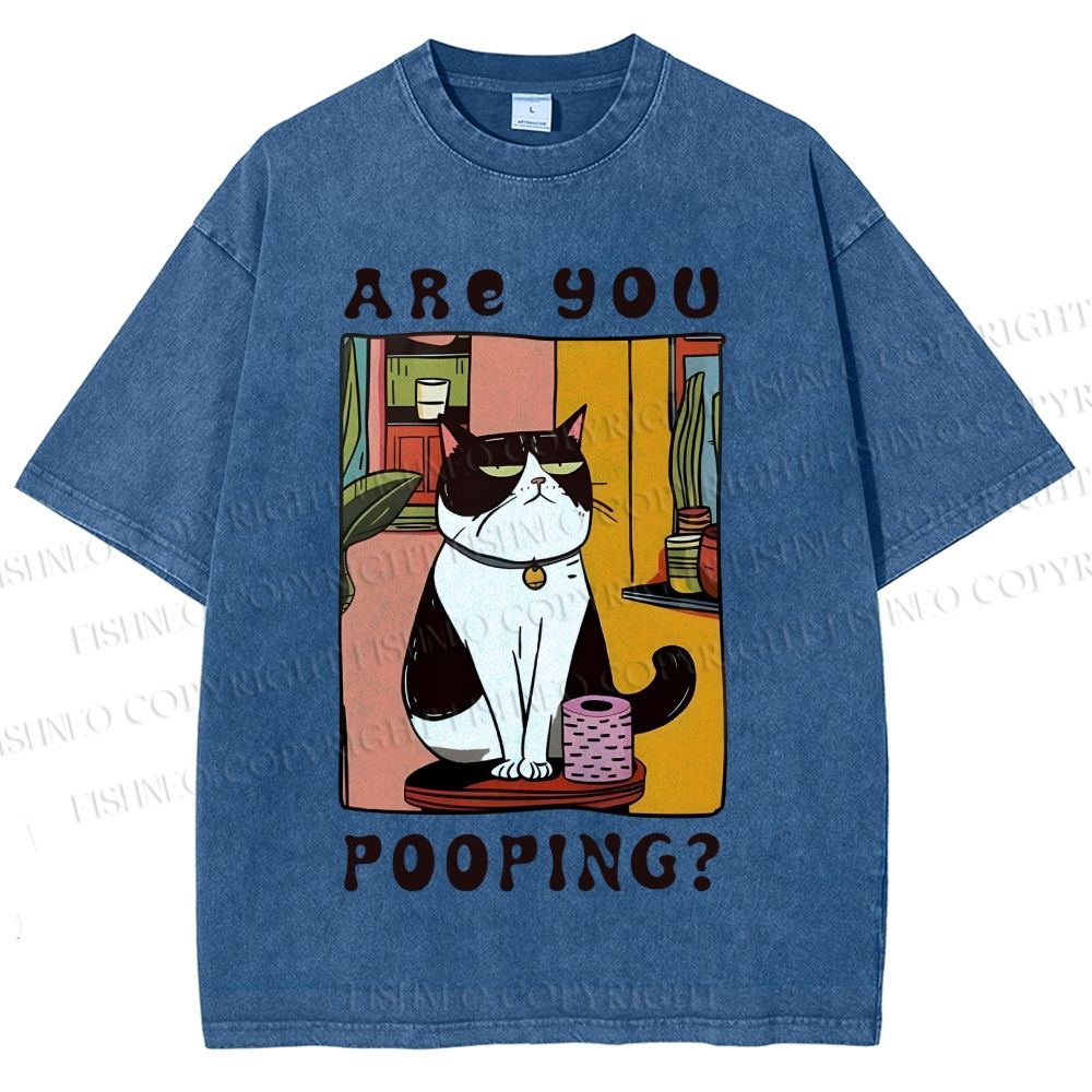 Unisex Silly Cat Are You Pooping Printed Washed Tee