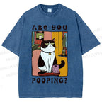 Unisex Silly Cat Are You Pooping Printed Washed Tee