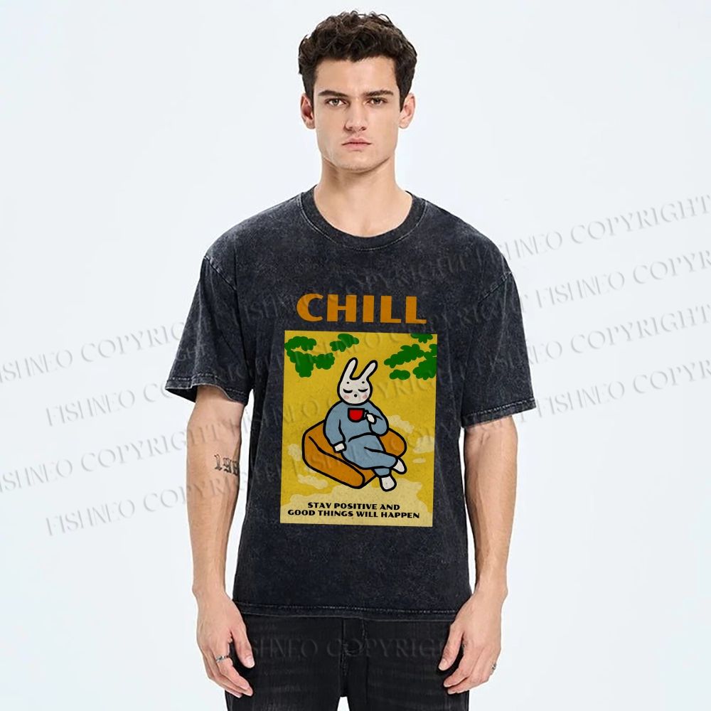 Unisex Lazy Bunny Have Coffee Chilling Printed Washed Tee