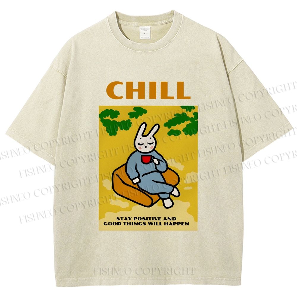 Unisex Lazy Bunny Have Coffee Chilling Printed Washed Tee