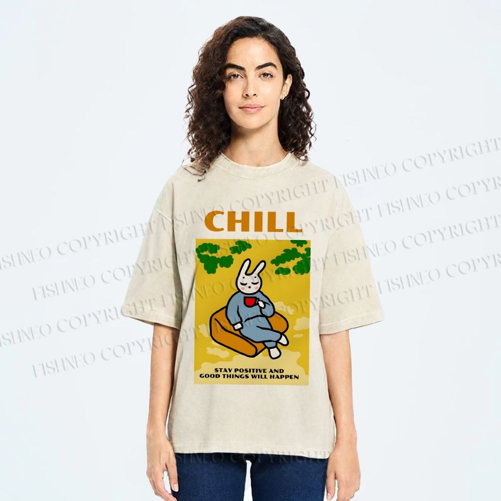 Unisex Lazy Bunny Have Coffee Chilling Printed Washed Tee