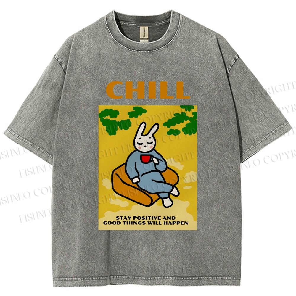 Unisex Lazy Bunny Have Coffee Chilling Printed Washed Tee