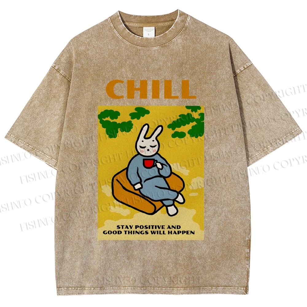 Unisex Lazy Bunny Have Coffee Chilling Printed Washed Tee