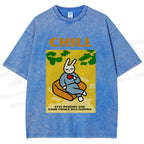 Unisex Lazy Bunny Have Coffee Chilling Printed Washed Tee