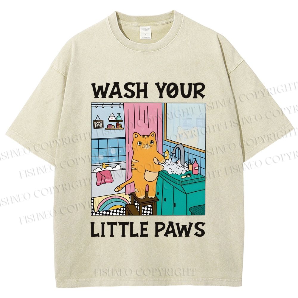 Unisex Funny Cat Wash Your Little Paws Printed Washed Tee