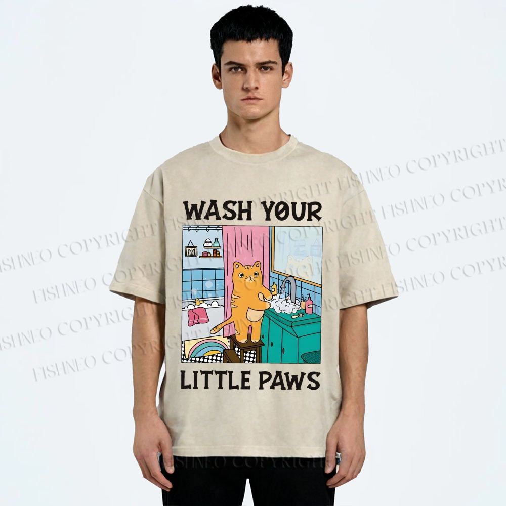Unisex Funny Cat Wash Your Little Paws Printed Washed Tee