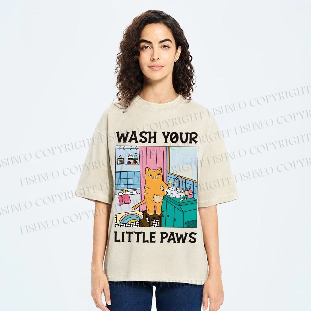 Unisex Funny Cat Wash Your Little Paws Printed Washed Tee