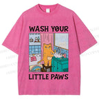 Unisex Funny Cat Wash Your Little Paws Printed Washed Tee