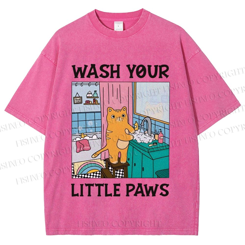 Unisex Funny Cat Wash Your Little Paws Printed Washed Tee