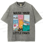 Unisex Funny Cat Wash Your Little Paws Printed Washed Tee