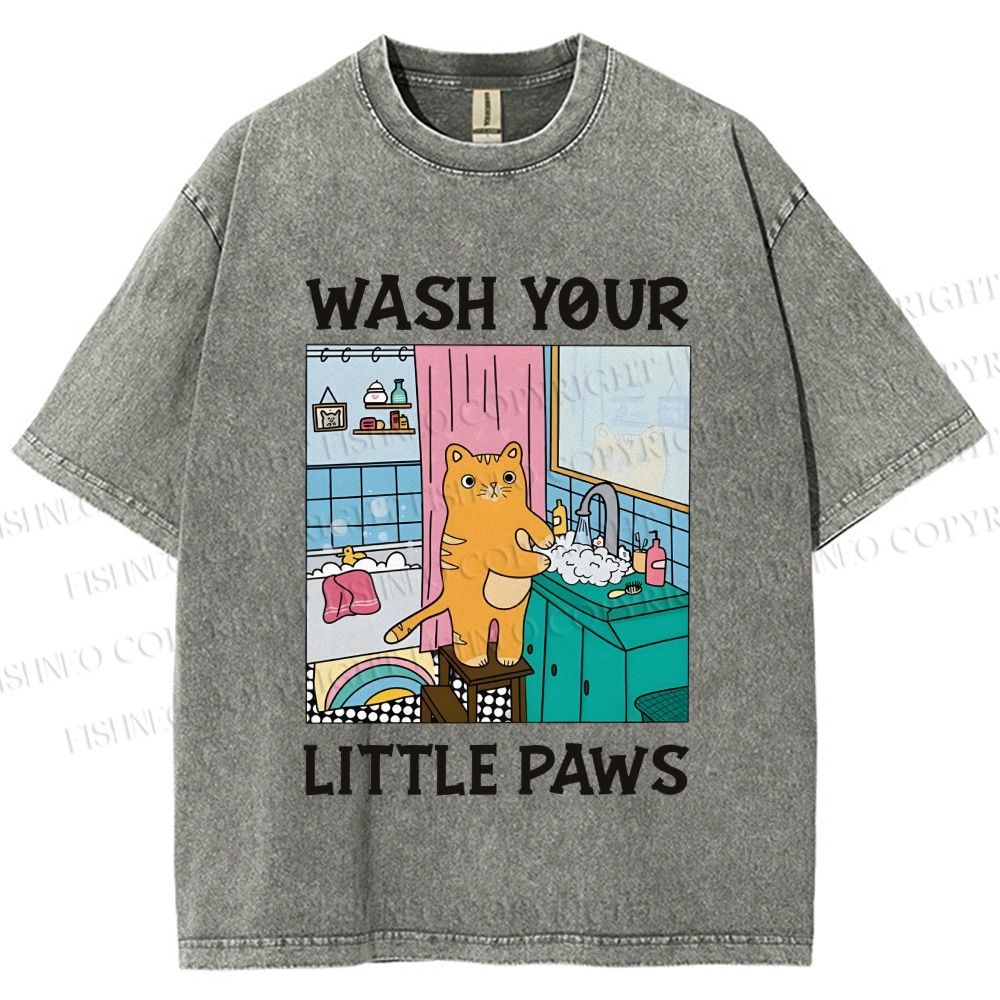Unisex Funny Cat Wash Your Little Paws Printed Washed Tee