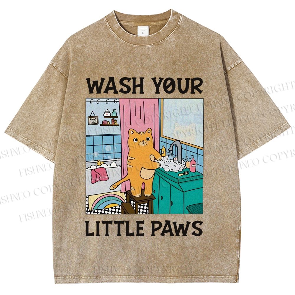 Unisex Funny Cat Wash Your Little Paws Printed Washed Tee