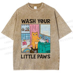Unisex Funny Cat Wash Your Little Paws Printed Washed Tee