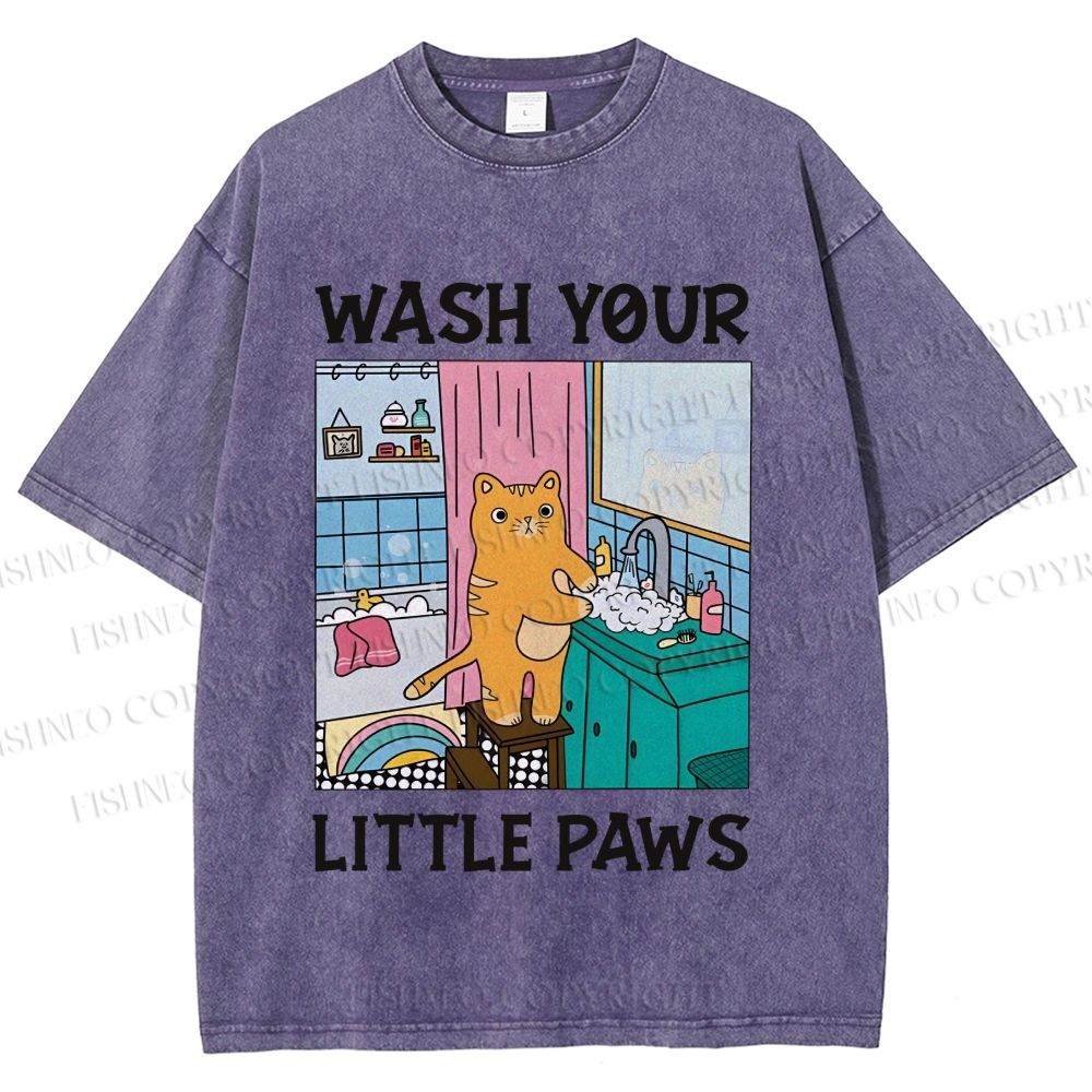 Unisex Funny Cat Wash Your Little Paws Printed Washed Tee