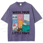 Unisex Funny Cat Wash Your Little Paws Printed Washed Tee