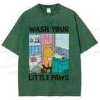 Unisex Funny Cat Wash Your Little Paws Printed Washed Tee