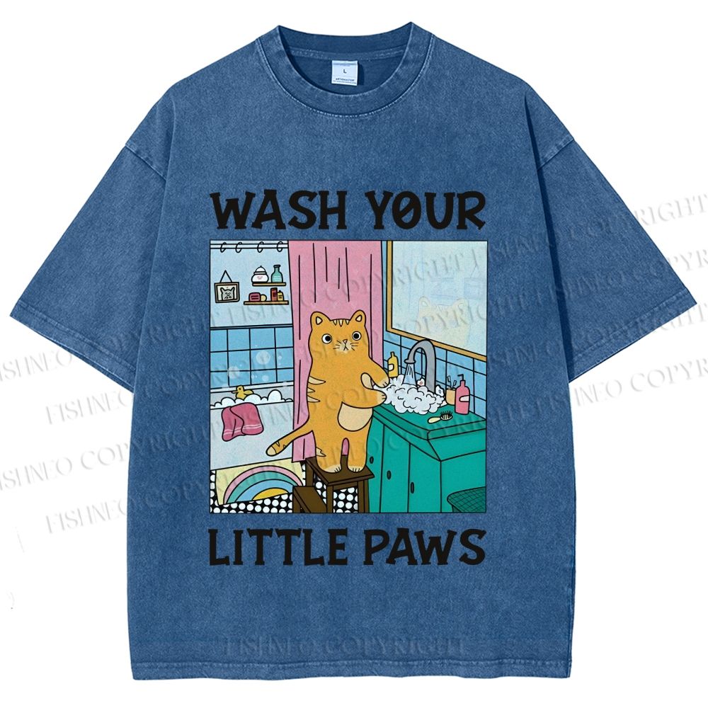 Unisex Funny Cat Wash Your Little Paws Printed Washed Tee