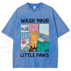 Unisex Funny Cat Wash Your Little Paws Printed Washed Tee
