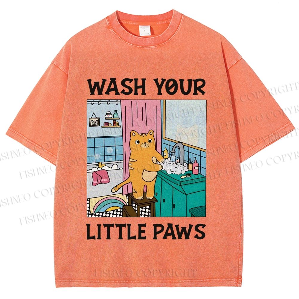 Unisex Funny Cat Wash Your Little Paws Printed Washed Tee