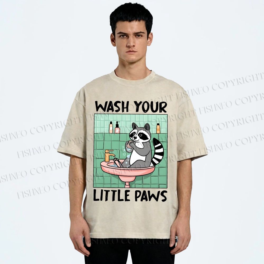 Unisex Wash Your Little Paws Raccoon Printed Washed Tee