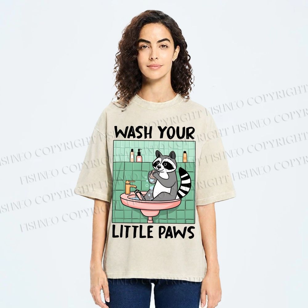Unisex Wash Your Little Paws Raccoon Printed Washed Tee