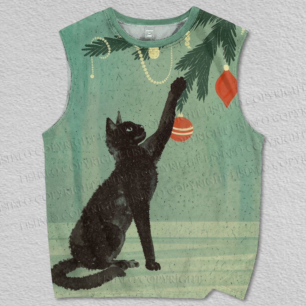 Unisex Black Cat Playing Christmas Ball Printed Tank Top