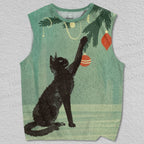Unisex Black Cat Playing Christmas Ball Printed Tank Top