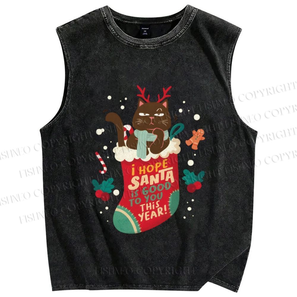 Unisex Christmas Black Cat In Sock Hope Santa Be Good To You This Year Printed Washed Tank Top