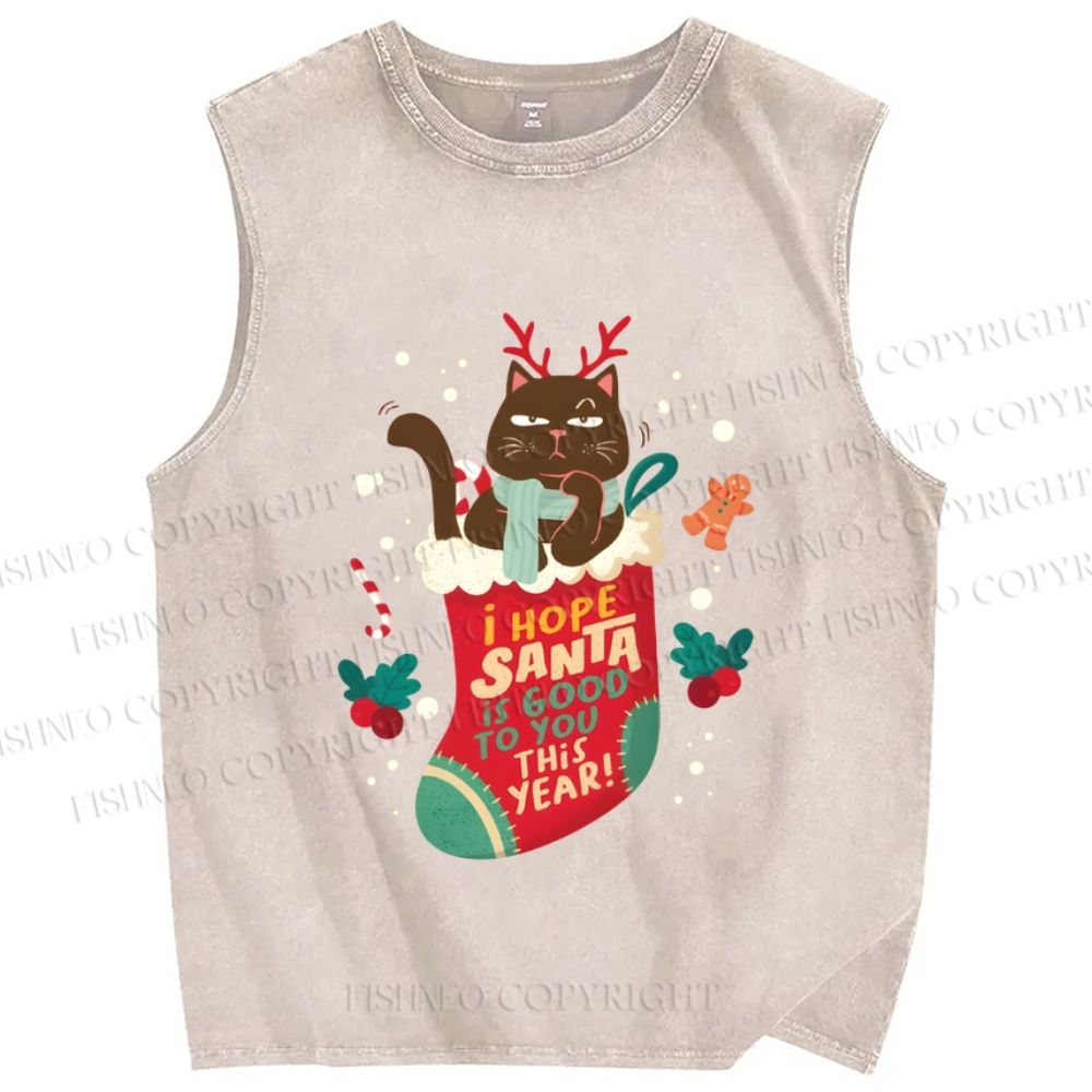 Unisex Christmas Black Cat In Sock Hope Santa Be Good To You This Year Printed Washed Tank Top