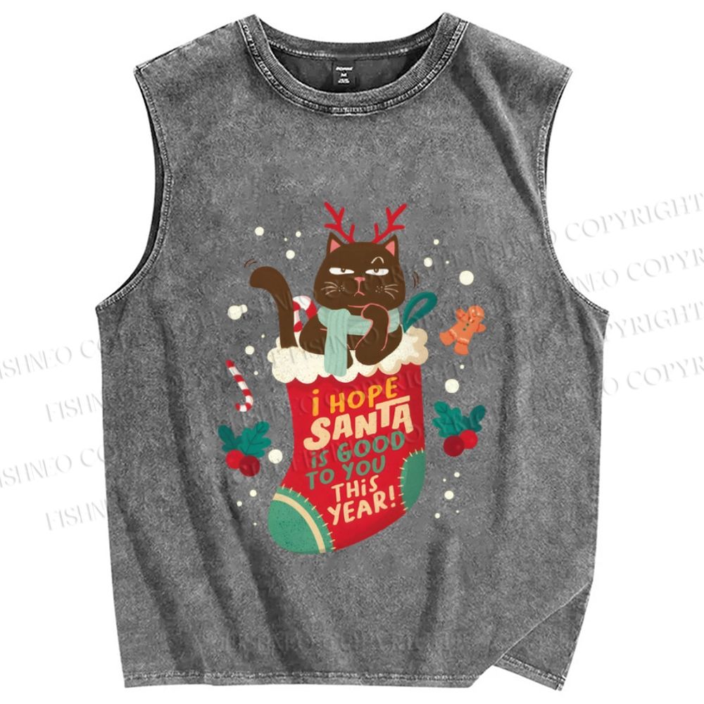 Unisex Christmas Black Cat In Sock Hope Santa Be Good To You This Year Printed Washed Tank Top