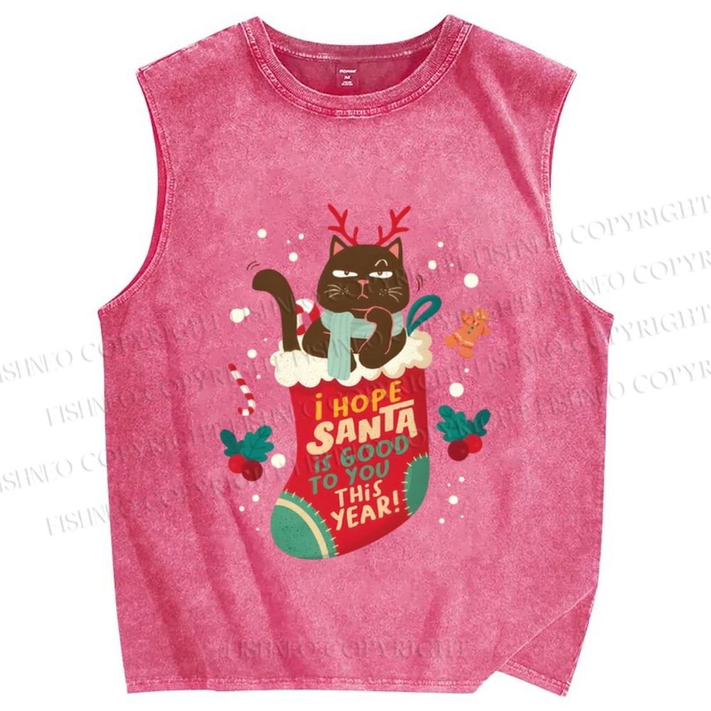 Unisex Christmas Black Cat In Sock Hope Santa Be Good To You This Year Printed Washed Tank Top