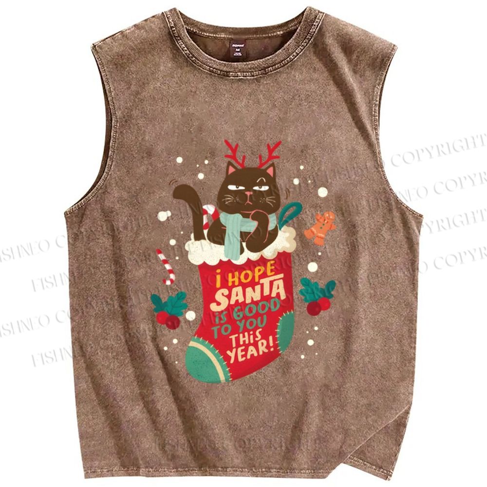 Unisex Christmas Black Cat In Sock Hope Santa Be Good To You This Year Printed Washed Tank Top