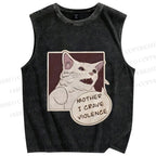 Unisex Meme Cat Crave For Violence Printed Washed Tank Top