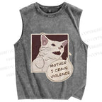 Unisex Meme Cat Crave For Violence Printed Washed Tank Top